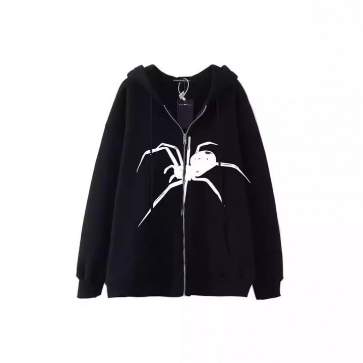 Kvinnors hooded jacka med kreativ spindelmotiv och praktisk dragkedja Mirla-Eva Jonsson