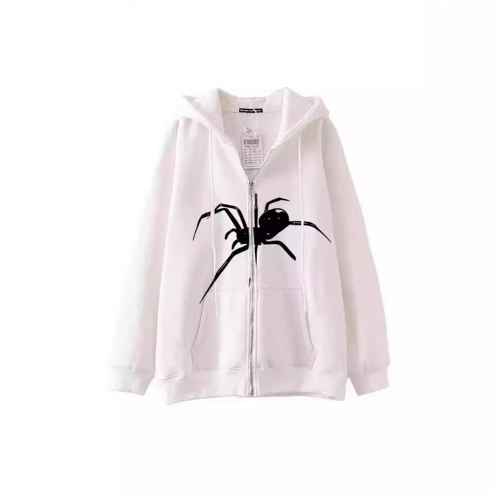 Kvinnors hooded jacka med kreativ spindelmotiv och praktisk dragkedja Mirla-Eva Jonsson