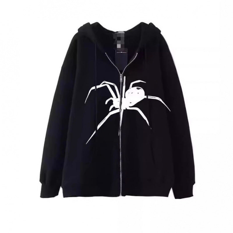 Kvinnors hooded jacka med kreativ spindelmotiv och praktisk dragkedja Mirla-Eva Jonsson
