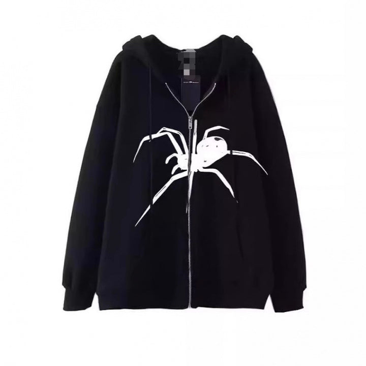 Kvinnors hooded jacka med kreativ spindelmotiv och praktisk dragkedja Mirla-Eva Jonsson