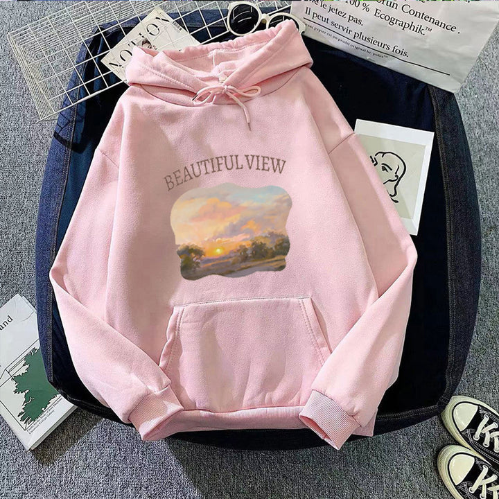 Kvinnors hooded sweatshirt med konstnärlig landskapsdesign Mirla-Eva Jonsson