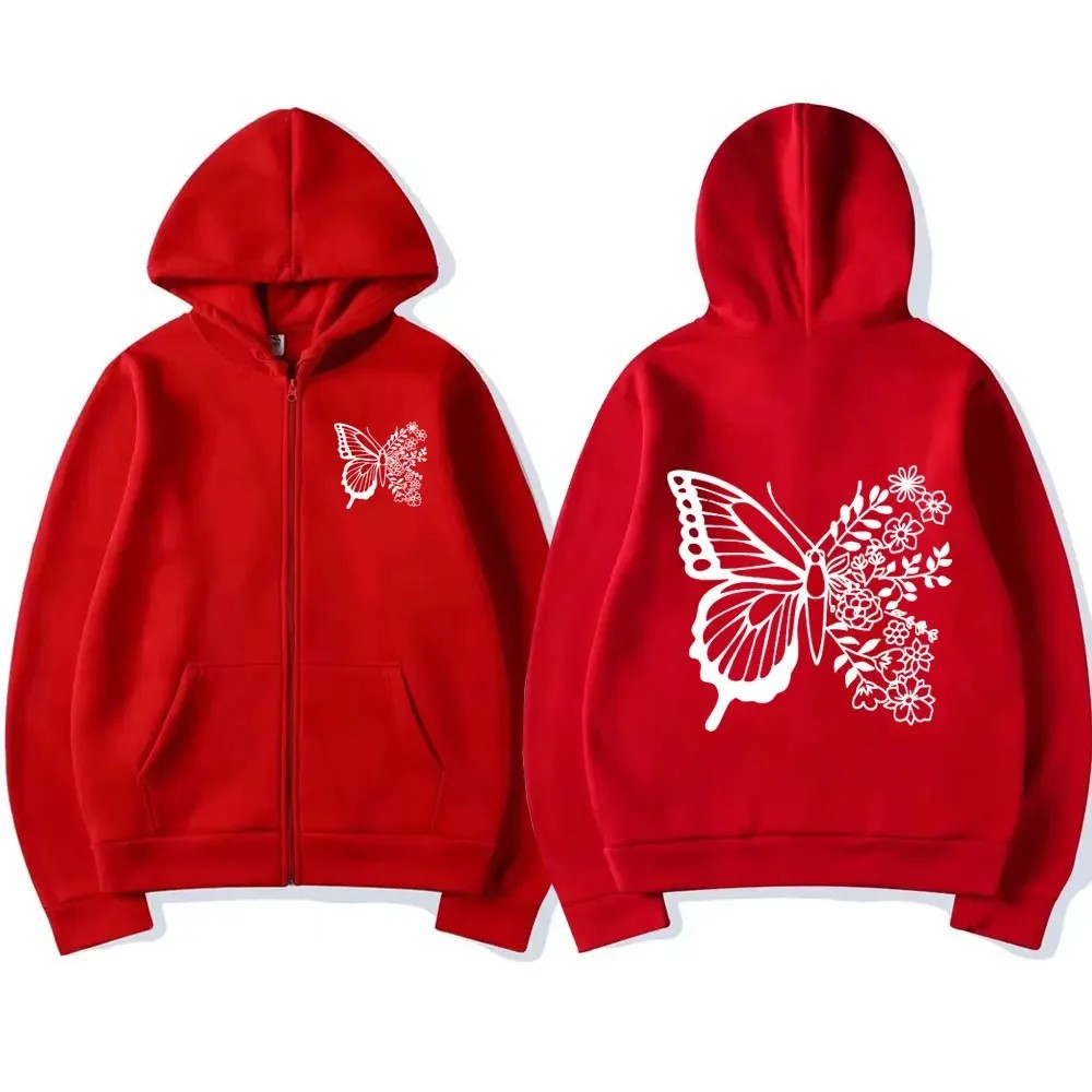 Kvinnors hoodie med blommigt fjärilsmotiv och praktisk känguruficka Mirla-Eva Jonsson