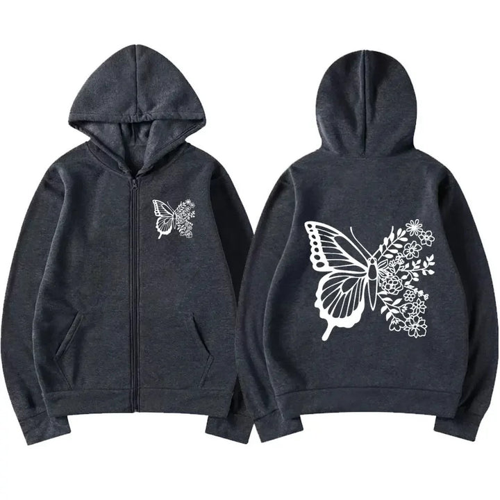 Kvinnors hoodie med blommigt fjärilsmotiv och praktisk känguruficka Mirla-Eva Jonsson