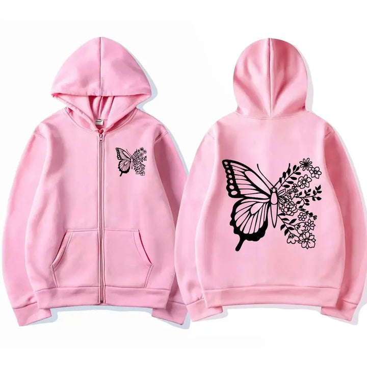 Kvinnors hoodie med blommigt fjärilsmotiv och praktisk känguruficka Mirla-Eva Jonsson
