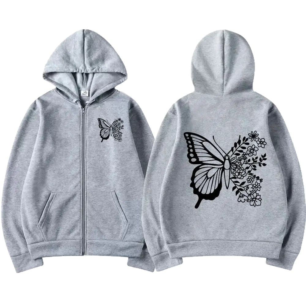 Kvinnors hoodie med blommigt fjärilsmotiv och praktisk känguruficka Mirla-Eva Jonsson