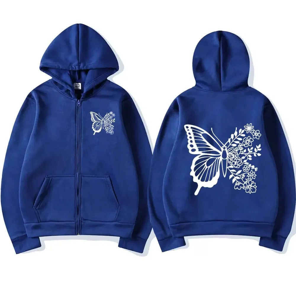 Kvinnors hoodie med blommigt fjärilsmotiv och praktisk känguruficka Mirla-Eva Jonsson