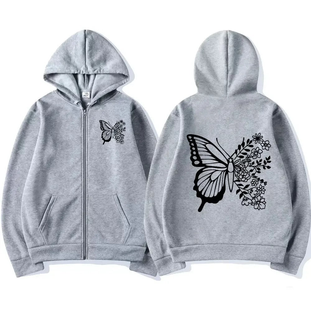 Kvinnors hoodie med blommigt fjärilsmotiv och praktisk känguruficka Mirla-Eva Jonsson