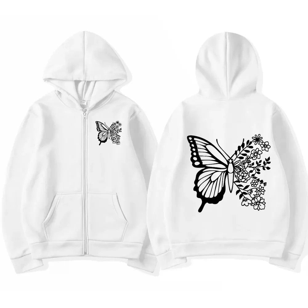 Kvinnors hoodie med blommigt fjärilsmotiv och praktisk känguruficka Mirla-Eva Jonsson