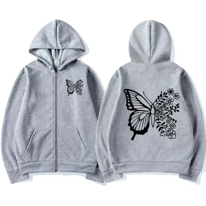 Kvinnors hoodie med blommigt fjärilsmotiv och praktisk känguruficka Mirla-Eva Jonsson