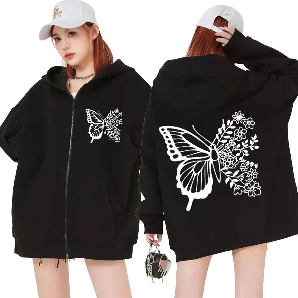 Kvinnors hoodie med blommigt fjärilsmotiv och praktisk känguruficka Mirla-Eva Jonsson