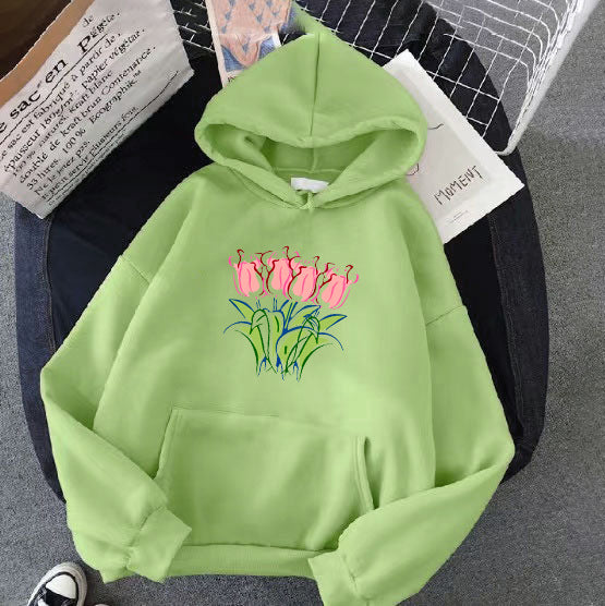 Kvinnors hoodie med blomster tulpanmotiv Mirla-Eva Jonsson