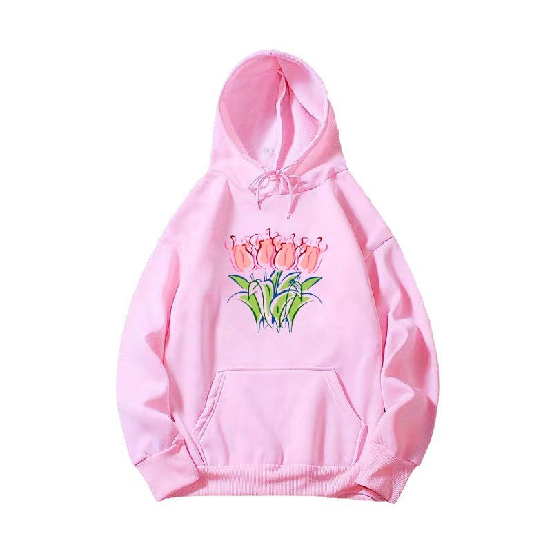 Kvinnors hoodie med blomster tulpanmotiv Mirla-Eva Jonsson