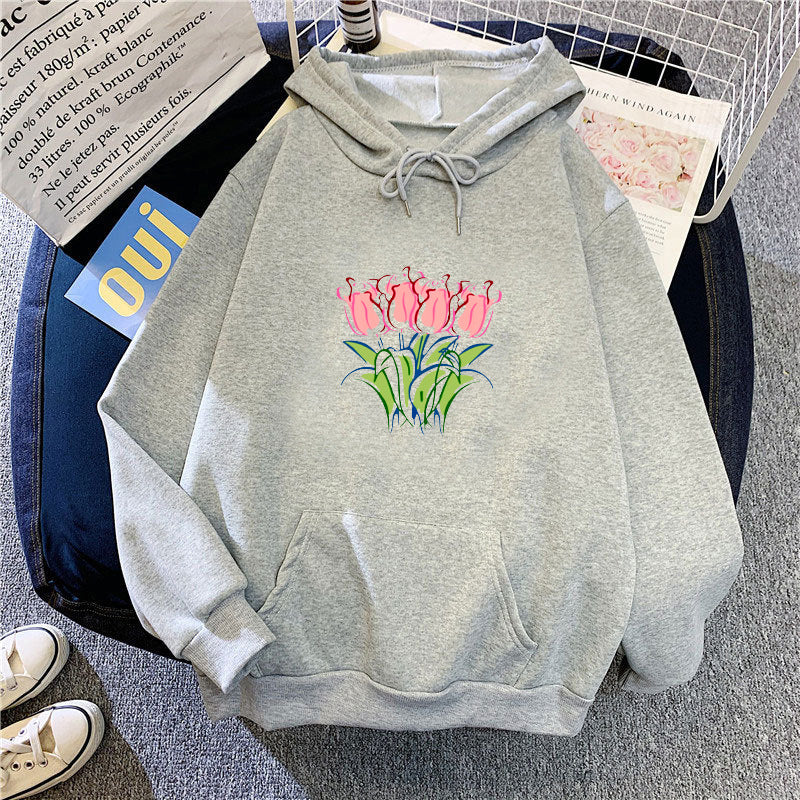 Kvinnors hoodie med blomster tulpanmotiv Mirla-Eva Jonsson