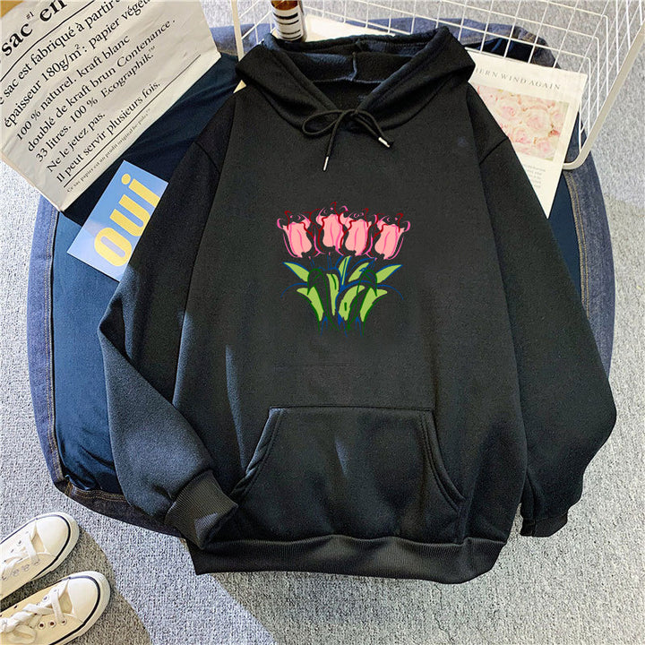 Kvinnors hoodie med blomster tulpanmotiv Mirla-Eva Jonsson