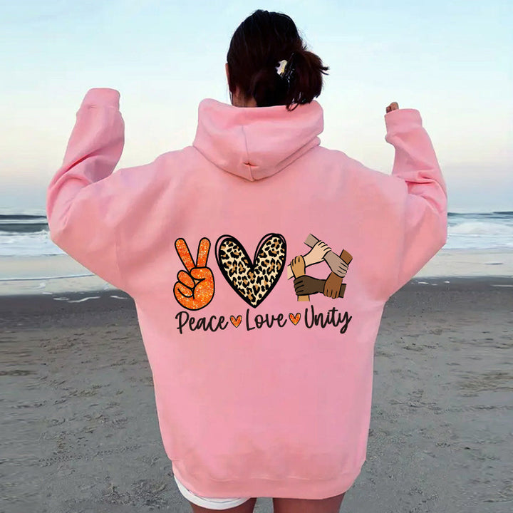 Kvinnors hoodie med högkvalitativt Peace-Love-Unity design Mirla-Eva Jonsson