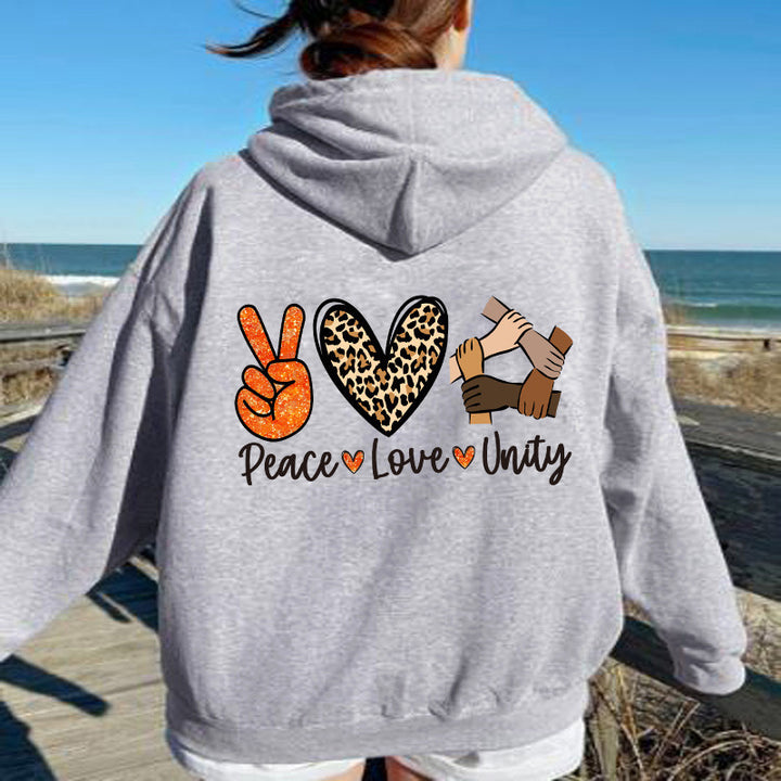 Kvinnors hoodie med högkvalitativt Peace-Love-Unity design Mirla-Eva Jonsson