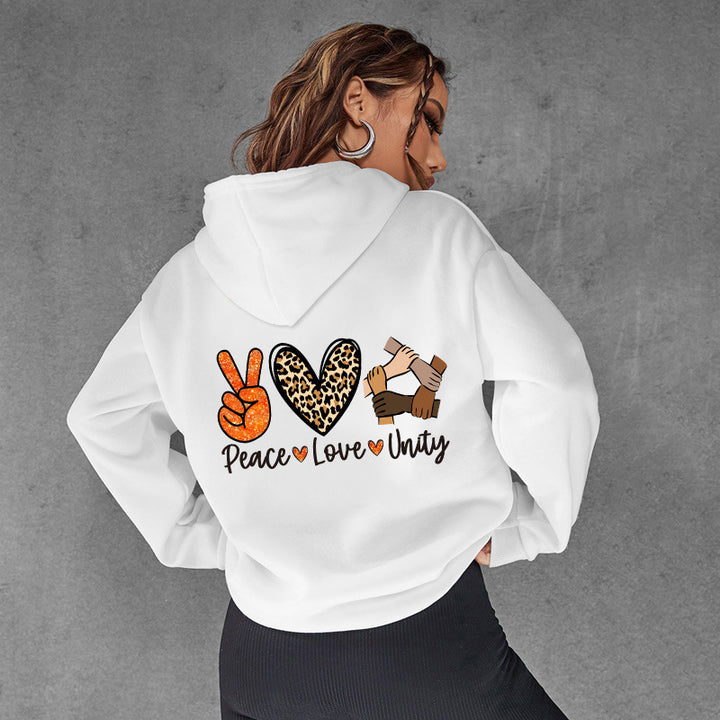 Kvinnors hoodie med högkvalitativt Peace-Love-Unity design Mirla-Eva Jonsson