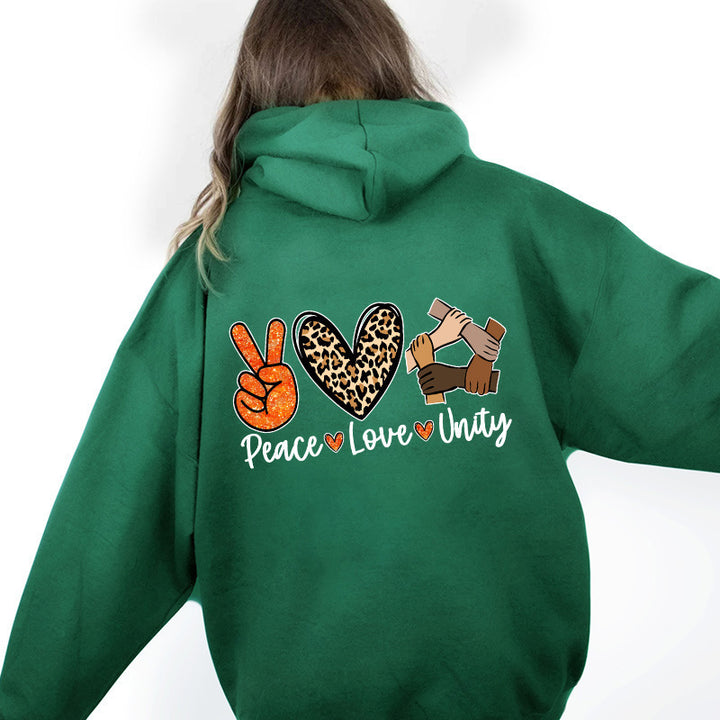 Kvinnors hoodie med högkvalitativt Peace-Love-Unity design Mirla-Eva Jonsson