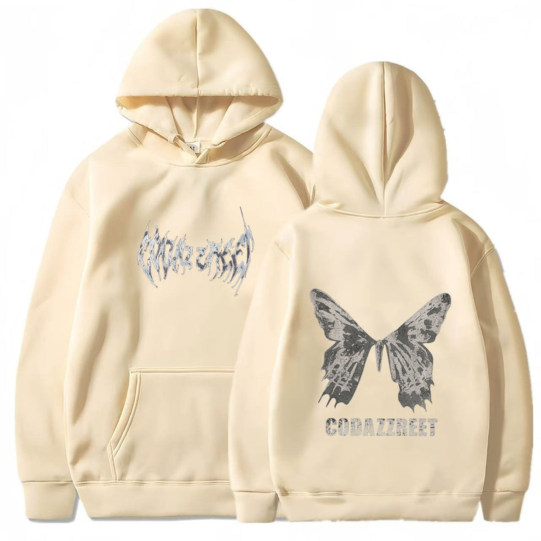 Kvinnors hoodie med iögonfallande fjärilsdesign och konstnärliga bokstäver Mirla-Eva Jonsson