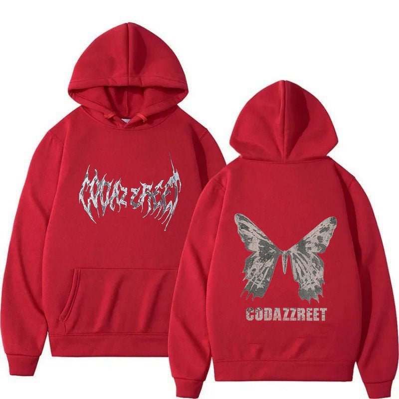 Kvinnors hoodie med iögonfallande fjärilsdesign och konstnärliga bokstäver Mirla-Eva Jonsson