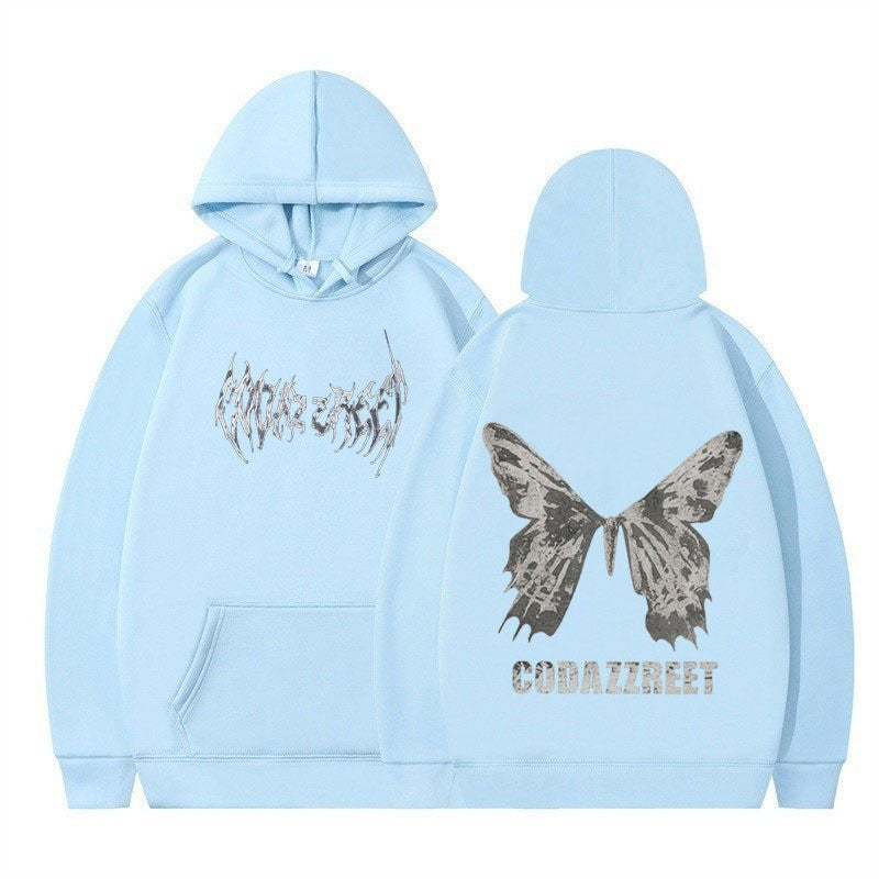 Kvinnors hoodie med iögonfallande fjärilsdesign och konstnärliga bokstäver Mirla-Eva Jonsson