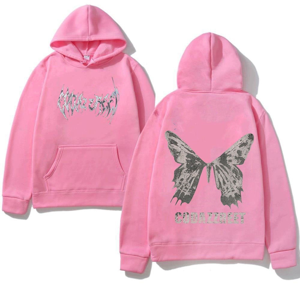 Kvinnors hoodie med iögonfallande fjärilsdesign och konstnärliga bokstäver Mirla-Eva Jonsson