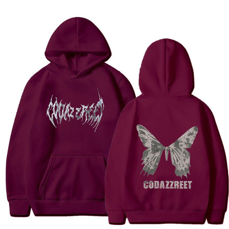 Kvinnors hoodie med iögonfallande fjärilsdesign och konstnärliga bokstäver Mirla-Eva Jonsson