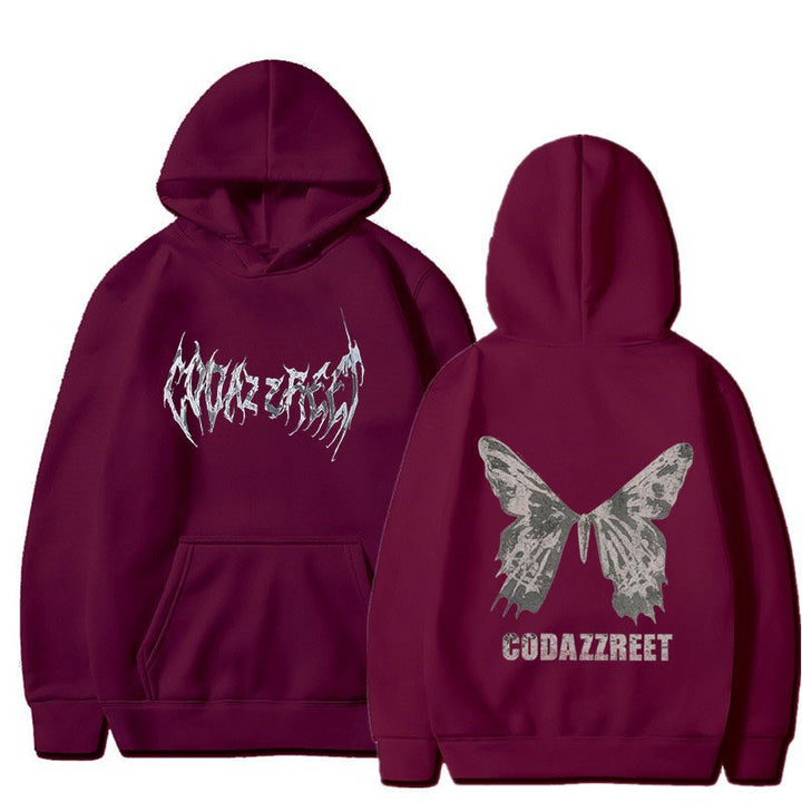 Kvinnors hoodie med iögonfallande fjärilsdesign och konstnärliga bokstäver Mirla-Eva Jonsson