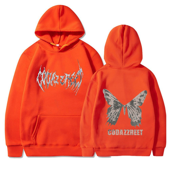 Kvinnors hoodie med iögonfallande fjärilsdesign och konstnärliga bokstäver Mirla-Eva Jonsson