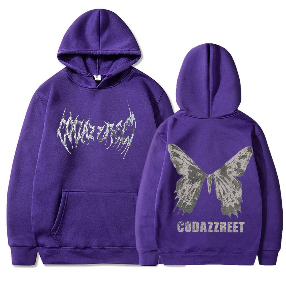 Kvinnors hoodie med iögonfallande fjärilsdesign och konstnärliga bokstäver Mirla-Eva Jonsson