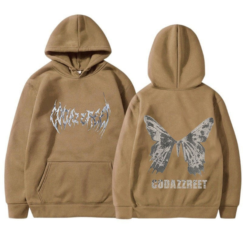 Kvinnors hoodie med iögonfallande fjärilsdesign och konstnärliga bokstäver Mirla-Eva Jonsson