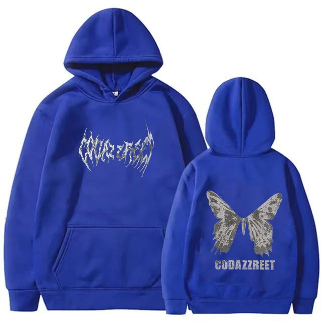 Kvinnors hoodie med iögonfallande fjärilsdesign och konstnärliga bokstäver Mirla-Eva Jonsson