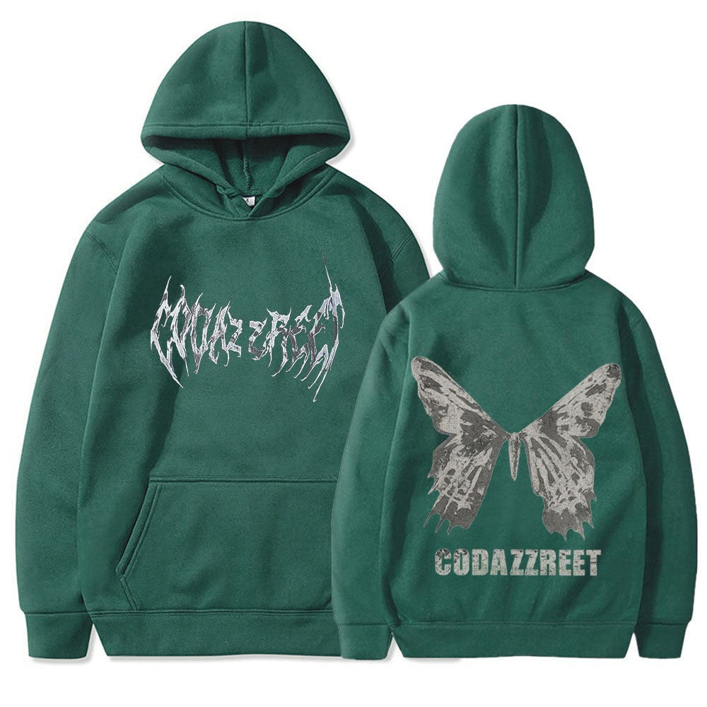 Kvinnors hoodie med iögonfallande fjärilsdesign och konstnärliga bokstäver Mirla-Eva Jonsson