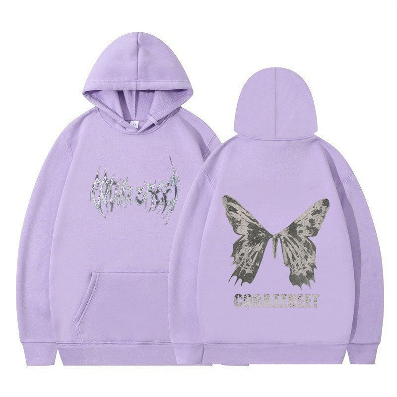 Kvinnors hoodie med iögonfallande fjärilsdesign och konstnärliga bokstäver Mirla-Eva Jonsson