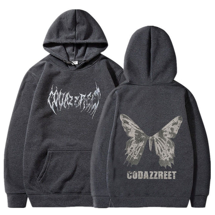 Kvinnors hoodie med iögonfallande fjärilsdesign och konstnärliga bokstäver Mirla-Eva Jonsson
