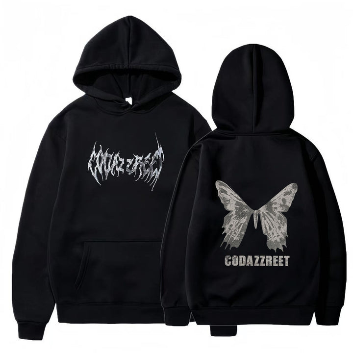 Kvinnors hoodie med iögonfallande fjärilsdesign och konstnärliga bokstäver Mirla-Eva Jonsson