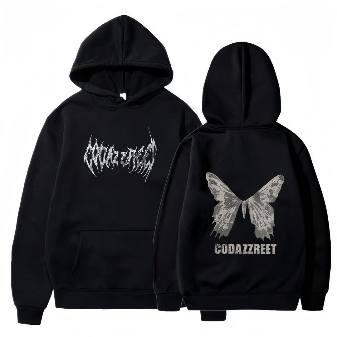 Kvinnors hoodie med iögonfallande fjärilsdesign och konstnärliga bokstäver Mirla-Eva Jonsson