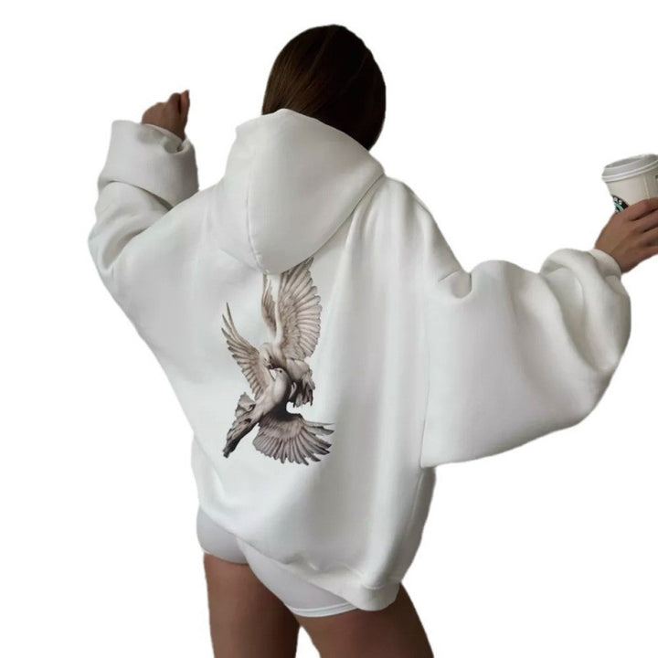 Kvinnors hoodie med konstnärlig fågeldesign och avslappnad passform Mirla-Eva Jonsson