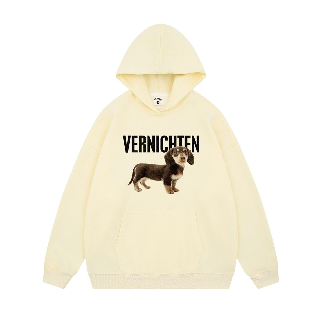 Kvinnors hoodie med konstnärligt hundmotiv och statements-print Mirla-Eva Jonsson