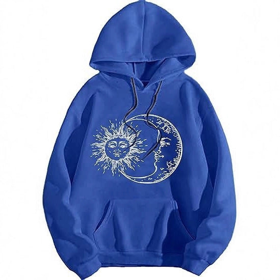 Kvinnors hoodie med konstnärligt sol-måne motiv Mirla-Eva Jonsson