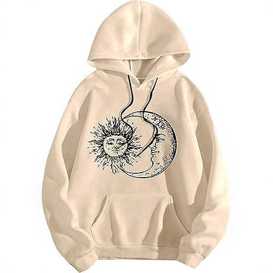 Kvinnors hoodie med konstnärligt sol-måne motiv Mirla-Eva Jonsson