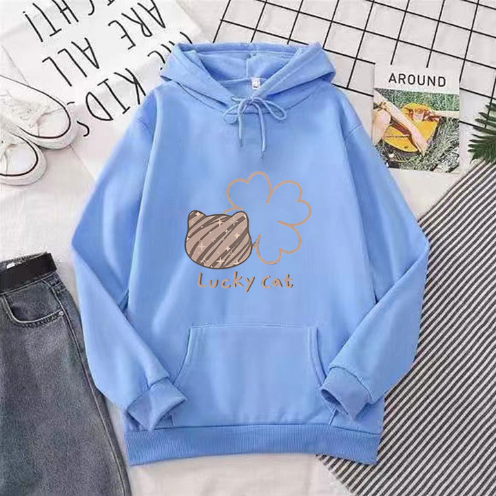 Kvinnors hoodie med kreativ kattdesign och lyckosymbol Chic & Style-Eva Jonsson