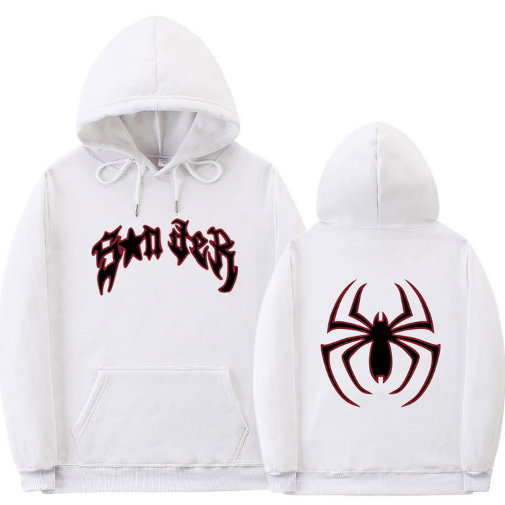Kvinnors hoodie med slående spidermotiv och grov text Mirla-Eva Jonsson
