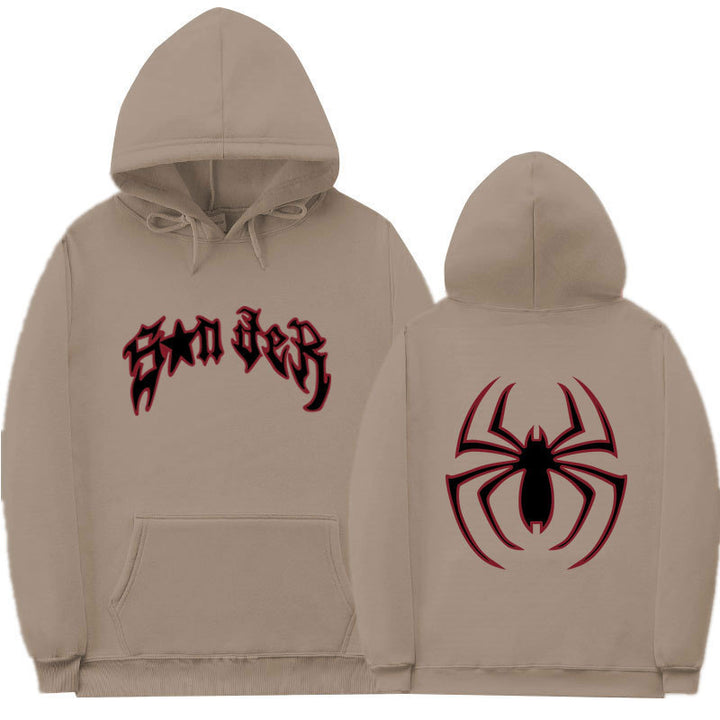 Kvinnors hoodie med slående spidermotiv och grov text Mirla-Eva Jonsson