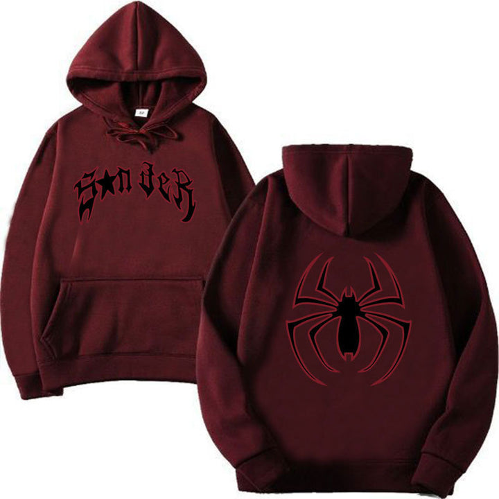 Kvinnors hoodie med slående spidermotiv och grov text Mirla-Eva Jonsson