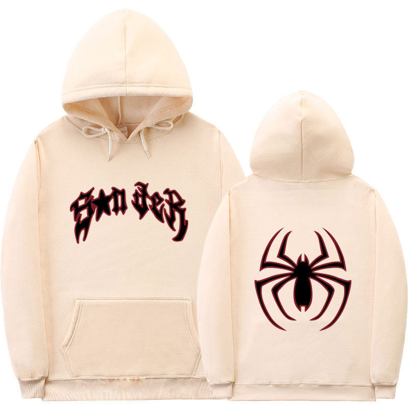 Kvinnors hoodie med slående spidermotiv och grov text Mirla-Eva Jonsson