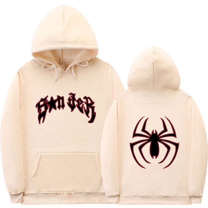 Kvinnors hoodie med slående spidermotiv och grov text Mirla-Eva Jonsson