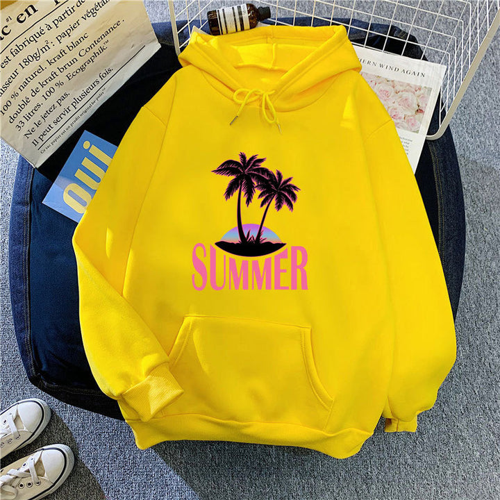 Kvinnors hoodie med sommarmotiv och tropiskt palmtryck Mirla-Eva Jonsson