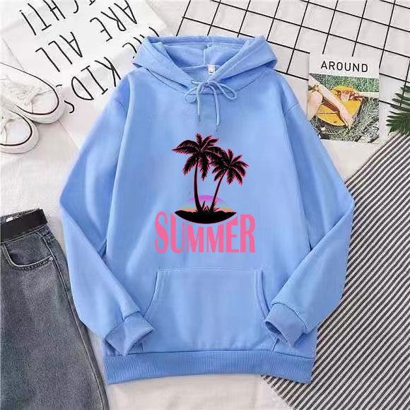 Kvinnors hoodie med sommarmotiv och tropiskt palmtryck Mirla-Eva Jonsson