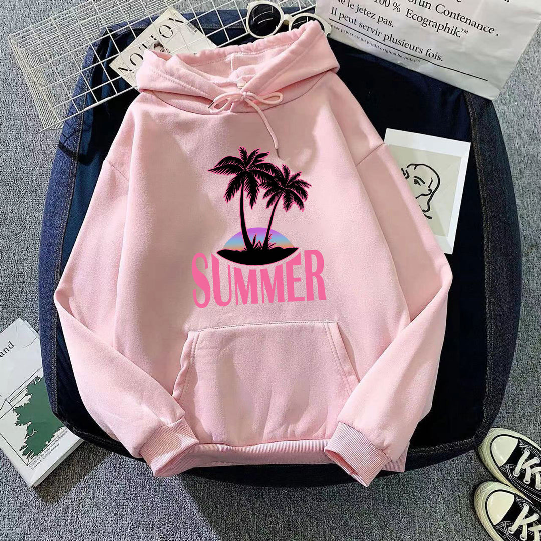 Kvinnors hoodie med sommarmotiv och tropiskt palmtryck Mirla-Eva Jonsson